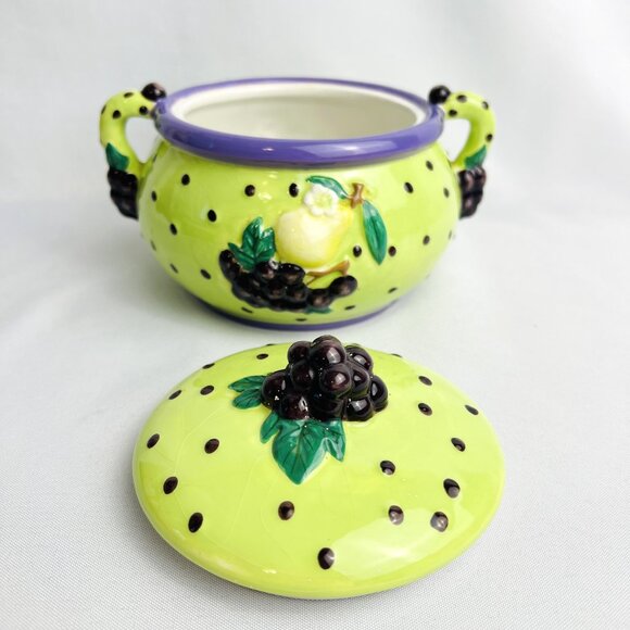 CBK Purple & Lime Green Ceramic Whimsical Vintage Lidded Pot Grapes Pears 7” - Picture 7 of 10